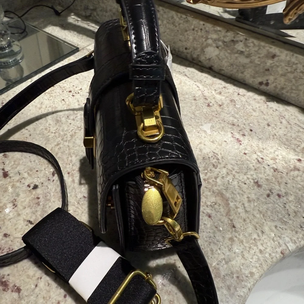 Black Croc-Embossed Crossbody Bag with Gold Accents - Picture 5 of 8